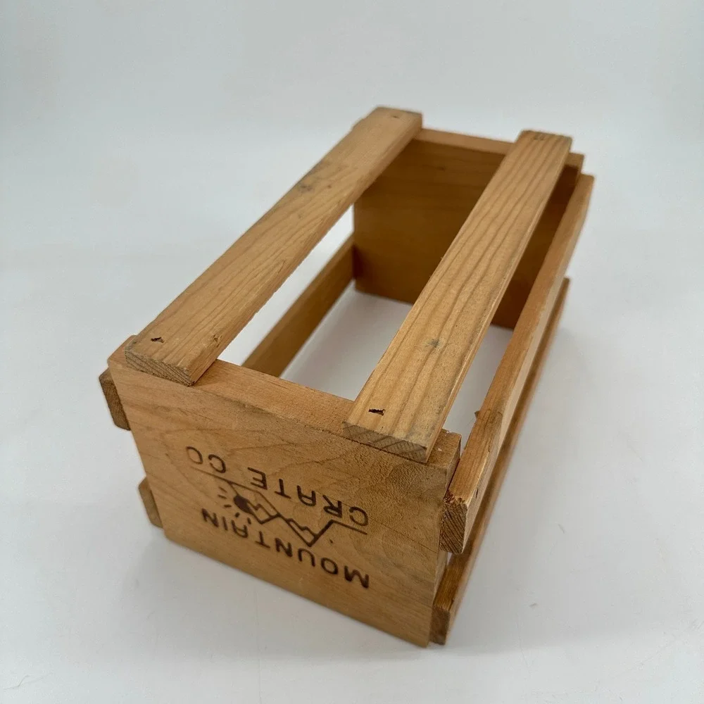 Mountain Crate Co Small Wooden Storage Crate Rustic Brown Mountain Sun Logo